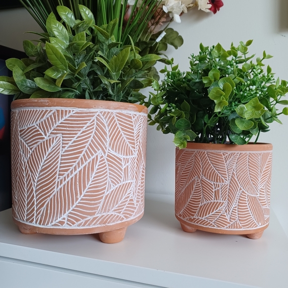 Decorative Terracotta and White Leaf Print Cermanic Pot Set of 2 - Picture 5 of 12